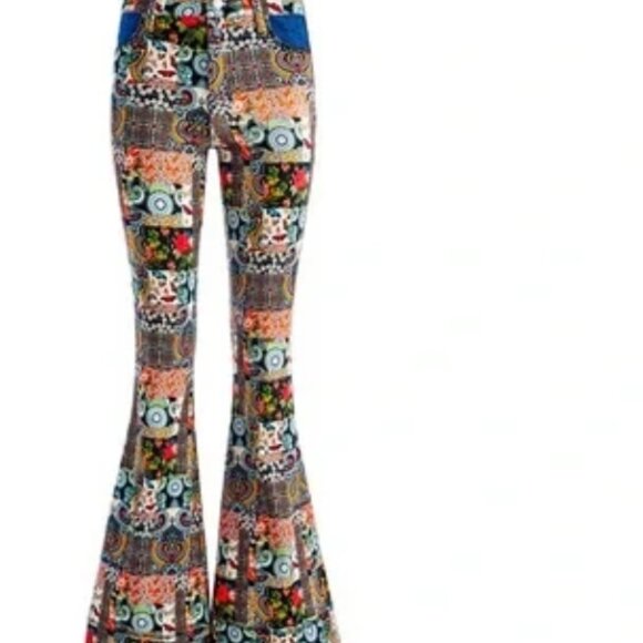 Alice + Olivia Beautiful Patchwork Mid Rise Denim Floral Flared Bell Jeans Sz 28 - Picture 1 of 15